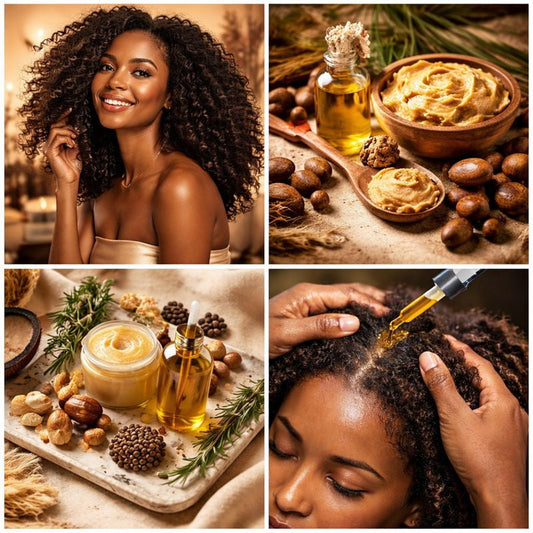 photo of woman with long hair surrounded by hair care ingredients