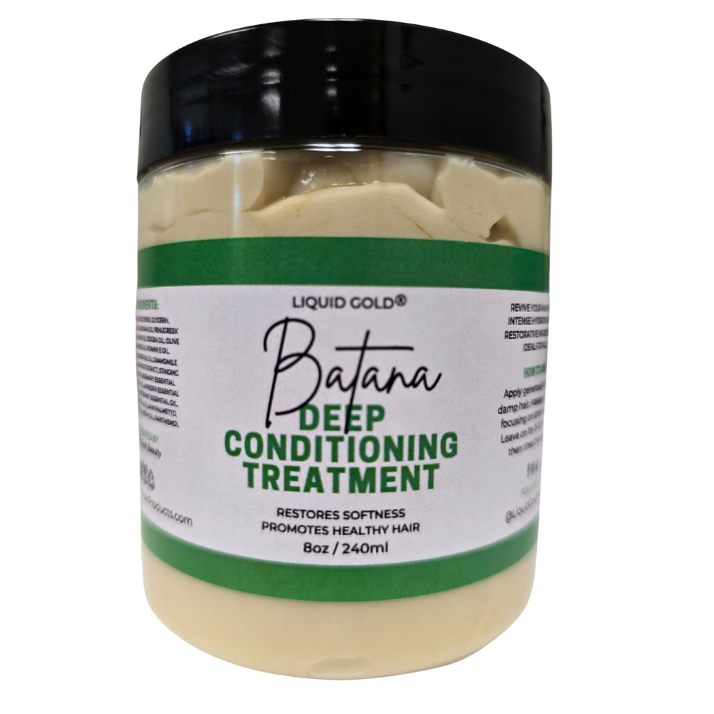 Jar of Batana Deep Conditioning Treatment with black lid and green label.