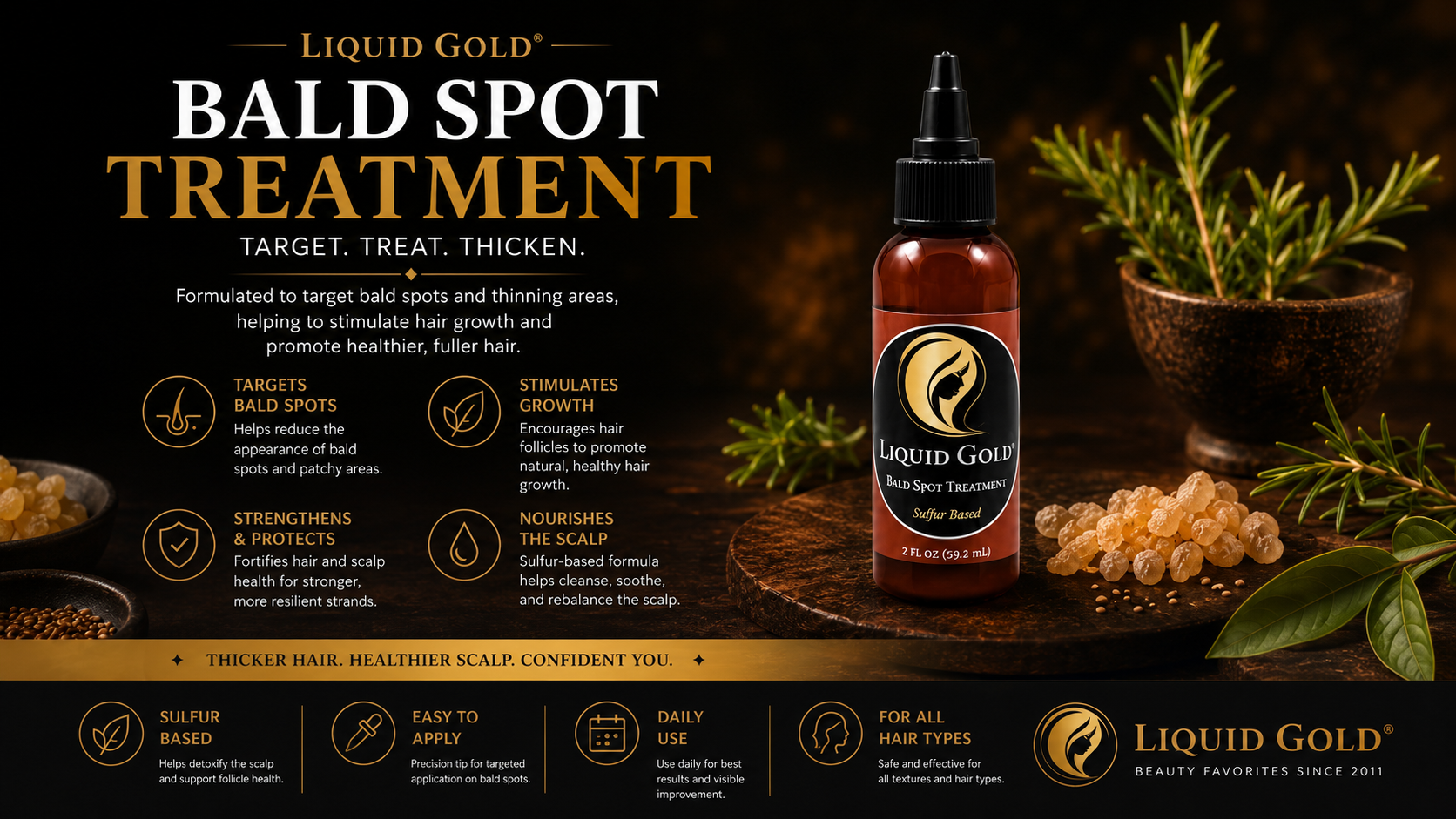 Liquid Gold Bald Spot Treatment bottle displayed on a dark rustic background with herbs, oil, and informational text about scalp treatment benefits.