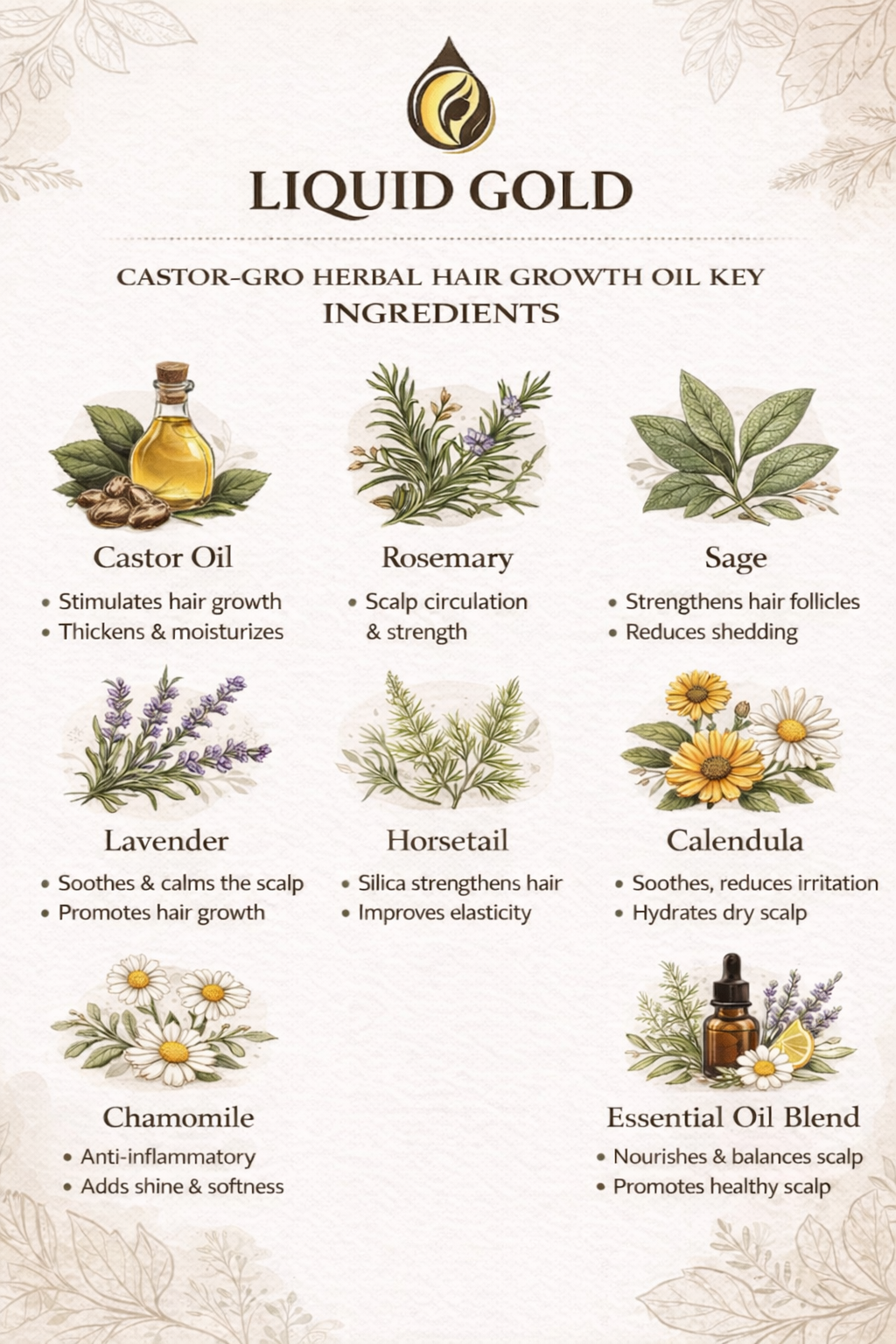 Herbal Hair Growth Oil for Thicker Longer Hair 4oz - Castor Gro