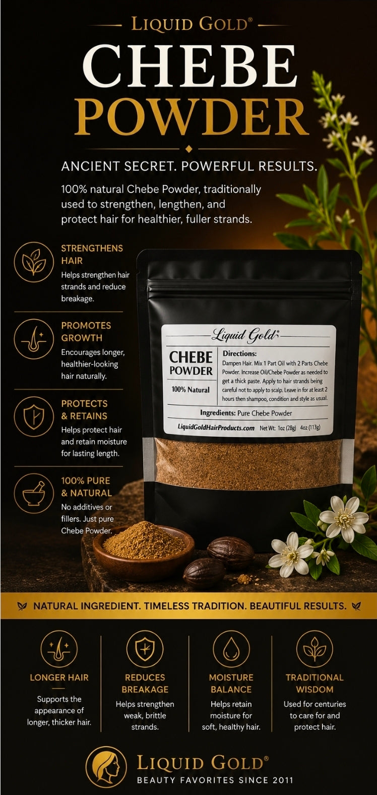 Liquid Gold Chebe Powder hair growth supplement in a black jar with a white label, set against a dark brown background with botanical illustrations and product benefits.