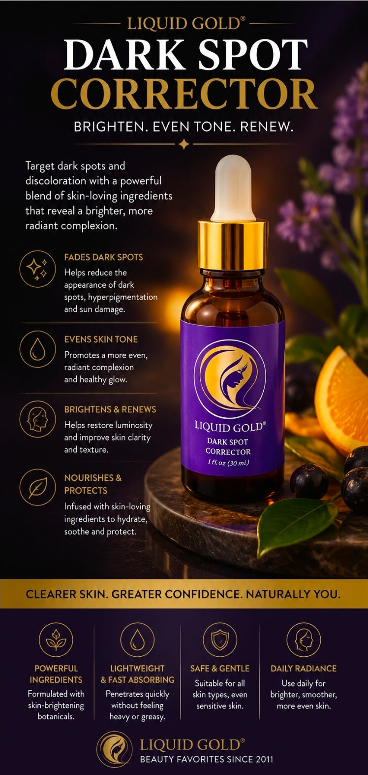 Liquid Gold Dark Spot Corrector in a dark amber glass bottle with a purple label and gold dropper cap, set against a dark promotional background with skincare text, icons, and fruit slices.