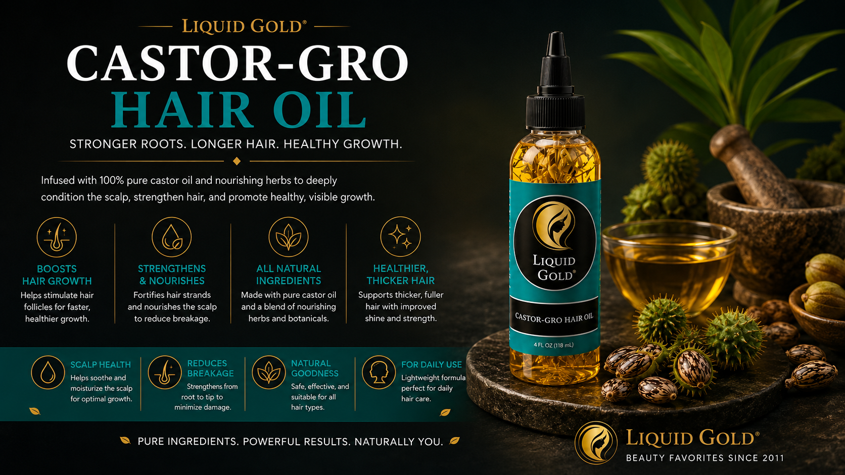A bottle of Liquid Gold Castor-Gro Hair Oil displayed on a dark styled background with castor plants, seeds, and a small glass of the golden oil. The ad includes product benefits and ingredient icons.