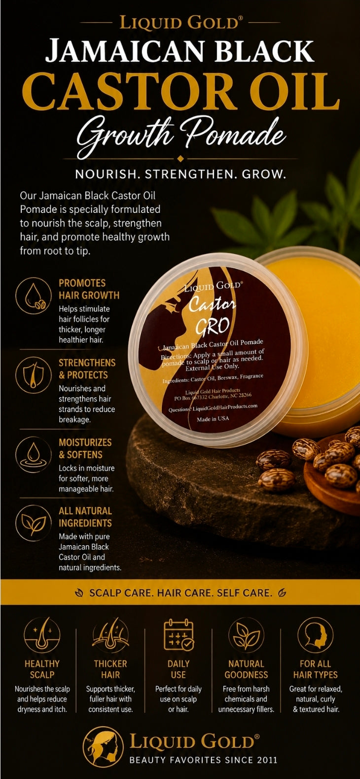 Liquid Gold Jamaican Black Castor Oil Growth Pomade in a round plastic jar with a dark brown lid, displayed on a dark background with text overlays and product benefits.