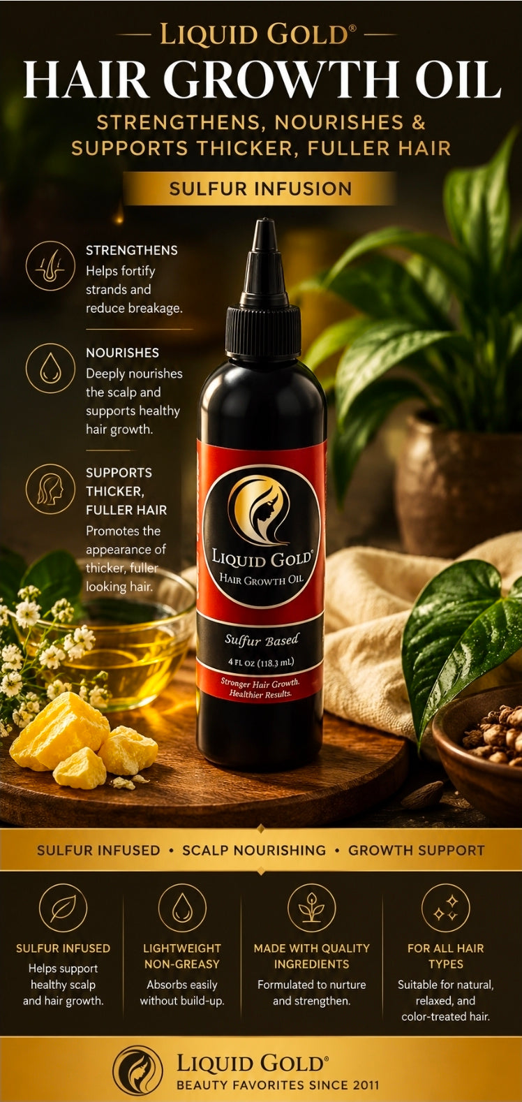 A bottle of Liquid Gold Hair Growth Oil centered on a dark promotional background with text callouts, leaves, oil, and coffee beans. The bottle has a black cap and a red-and-gold label with the Liquid Gold logo.