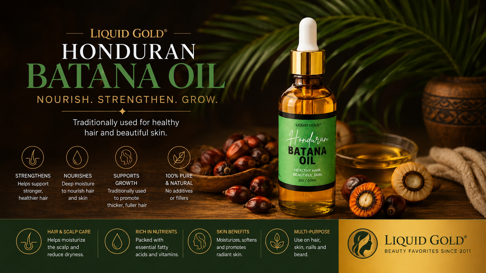 A bottle of Liquid Gold Honduran Batana Oil stands prominently on a dark tropical background with banana leaves, dried bananas, and bowls of oil and ingredients. The bottle has a gold cap and a green label reading 'Honduran Batana Oil.