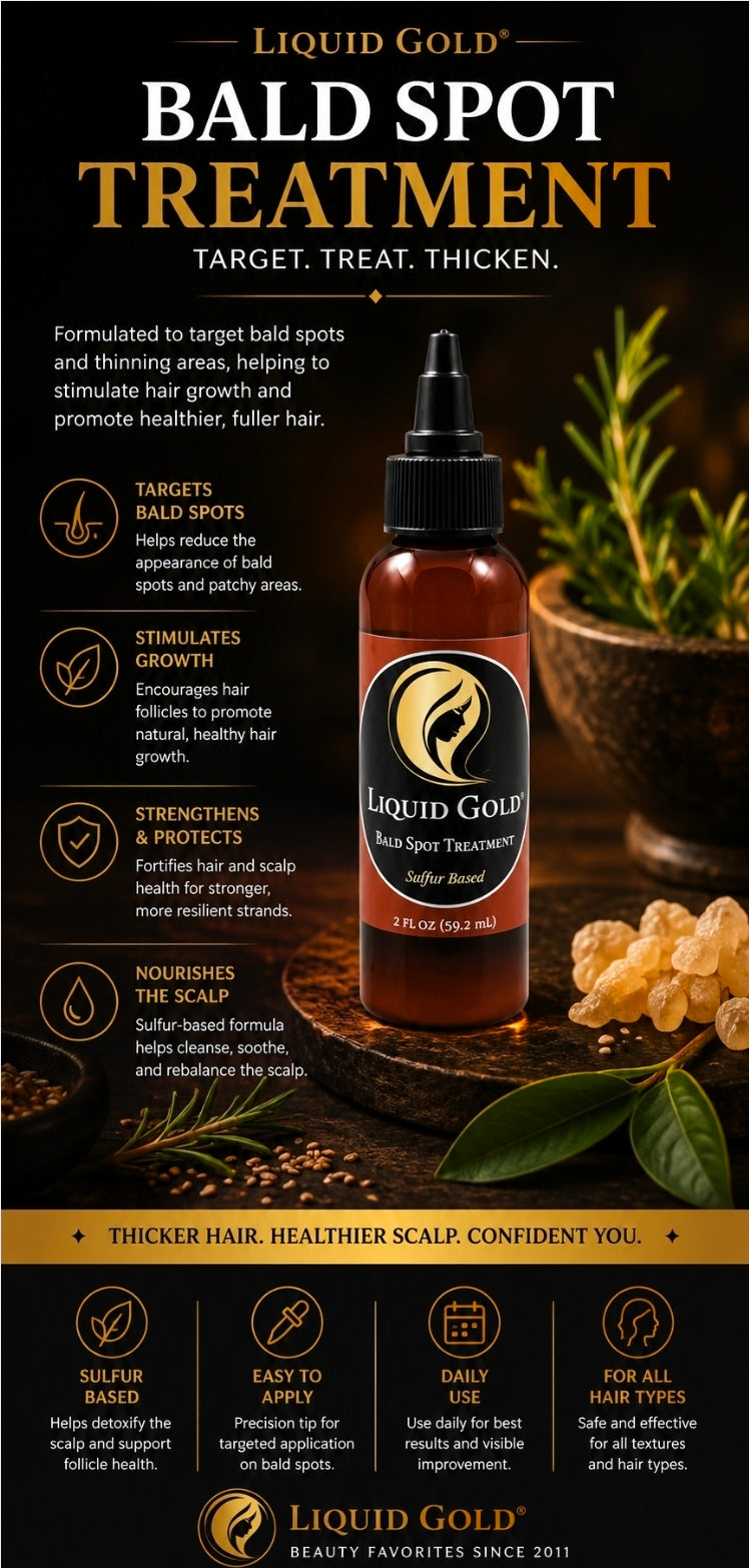Liquid Gold Bald Spot Treatment bottle shown on a dark promotional background with text callouts, a bowl of herbs, and gold decorative elements. The bottle is amber brown with a black dropper cap and a black label featuring the Liquid Gold logo.