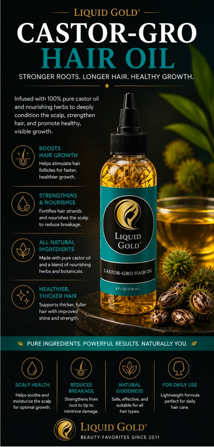 A bottle of Liquid Gold Castor-Gro Hair Oil centered on a dark promotional graphic with text callouts, a glass of golden oil, and castor seeds in the background.