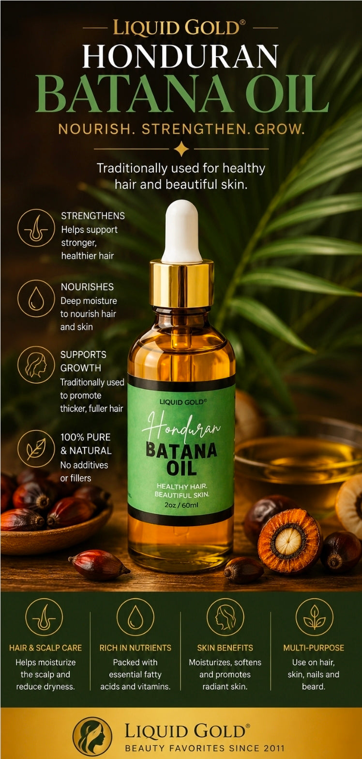 A bottle of Liquid Gold Honduran Batana Oil centered on a dark promotional background with text callouts, icons, and ingredients like dried banana leaves and seeds. The bottle has a gold cap and a green label reading 'Honduran Batana Oil.