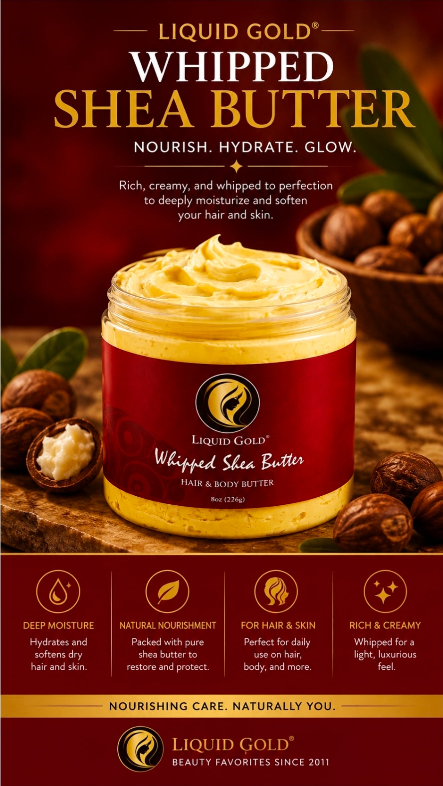 A jar of Liquid Gold Whipped Shea Butter centered on a dark brown promotional background with shea nuts and leaves around it. The jar has a deep red label with gold branding and a pale yellow whipped cream product visible at the top.