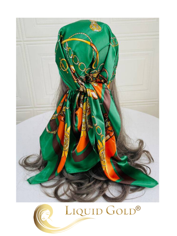 Designer Satin Scarf for Hair Green and Orange Chain